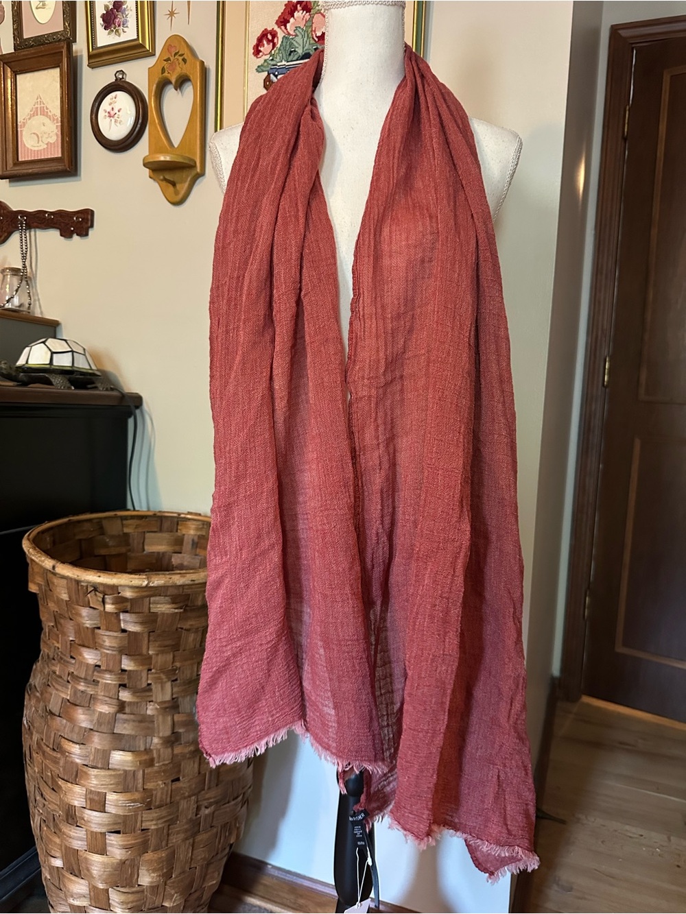 Eileen Fisher red organic cotton gauze scarf NWT